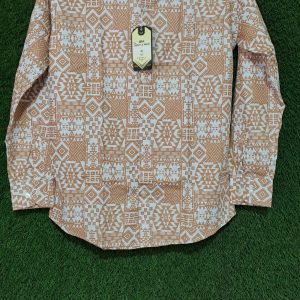 জেন্টল ম্যান লং স্লিভ প্রিমিয়াম প্রিন্টেড ক্যাজুয়াল শার্ট – ব্রাউন ও হোয়াইট জ্যামিতিক ডিজাইন