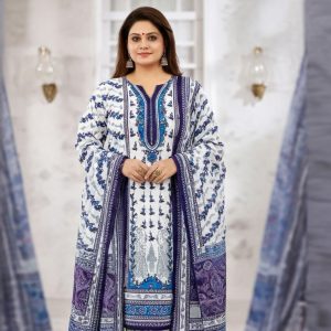 Patel হোয়াইট-ব্লু ট্র্যাডিশনাল প্রিন্টেড কটন থ্রি পিস ফর উইমেন