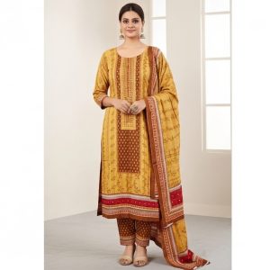 Patel ইয়েলো অ্যান্ড ব্রাউন প্রিন্টেড কটন থ্রি পিস ফর উইমেন