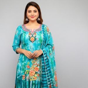 জমজম নীল লন ৩ পিস | ফুলেল ডিজাইন ও এলিগ্যান্ট লুক