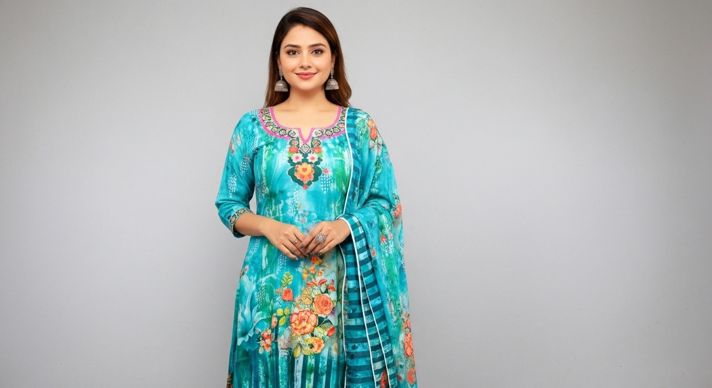 জমজম নীল লন ৩ পিস | ফুলেল ডিজাইন ও এলিগ্যান্ট লুক